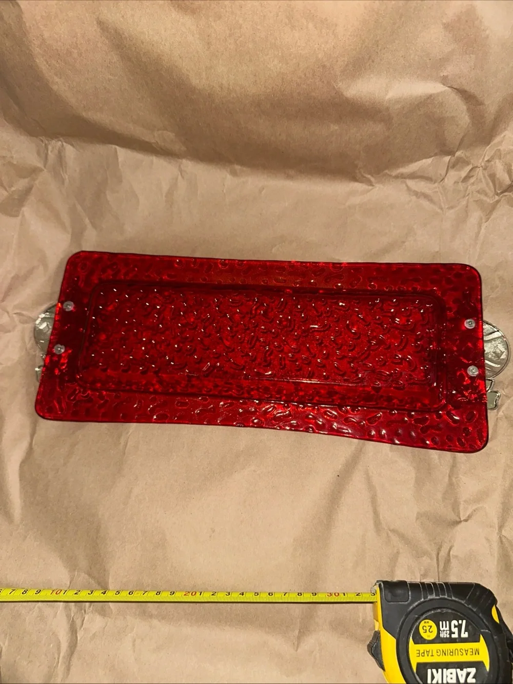 Red Glass Vanity Tray with Silver ornament Accent Handles Christmas